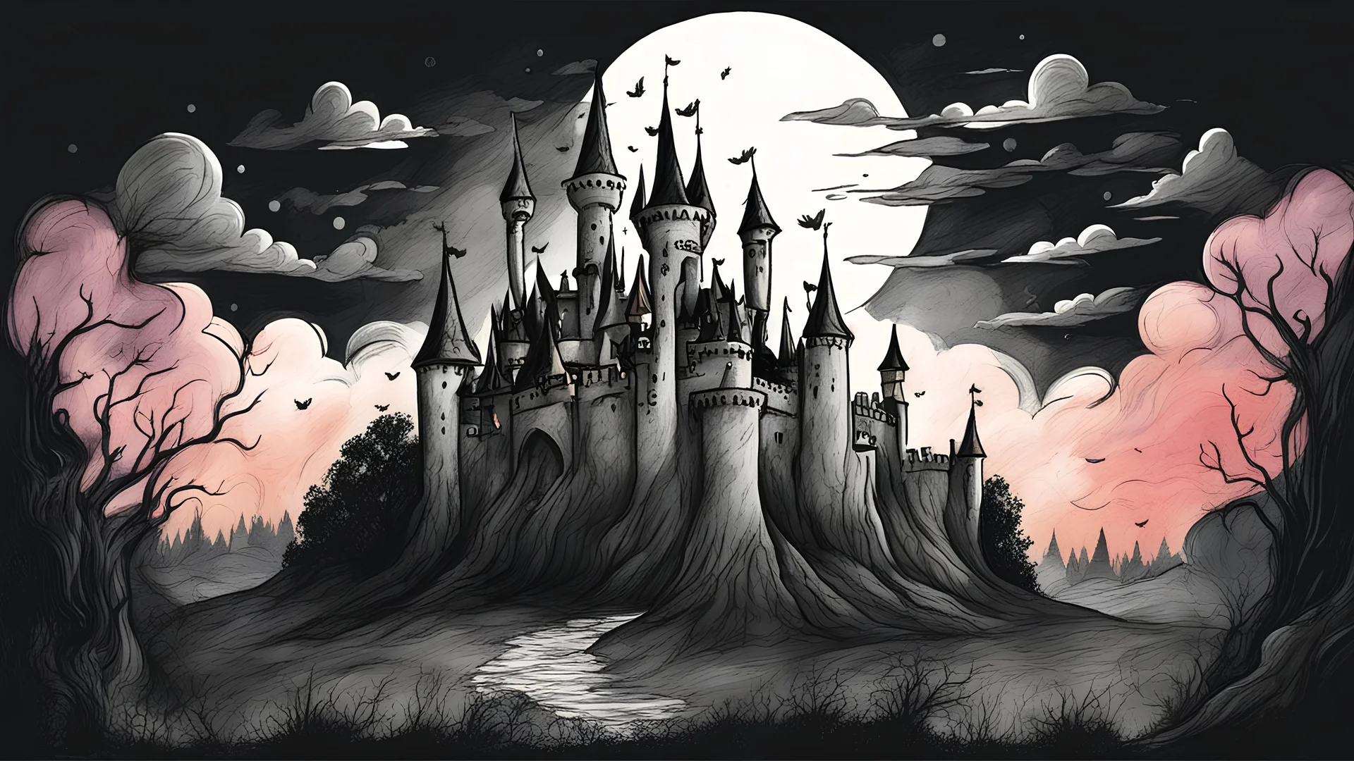 drawing fairy tale castle dark night with black clouds coloured
