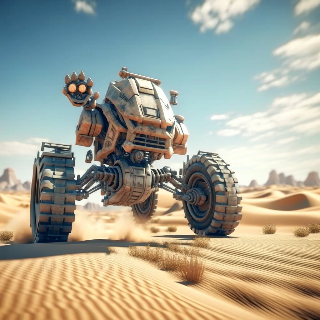 selfie of dangerous bot jumping a truck in the desert, photo-realistic, shot on Hasselblad h6d-400c, zeiss prime lens, bokeh like f/0.8, tilt-shift lens 8k, high detail, smooth render, down-light, unreal engine, downlight