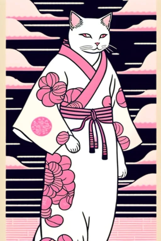 ukiyo-e style print of a white cat with a human body wearing a soft pink yukata and walking by the sea