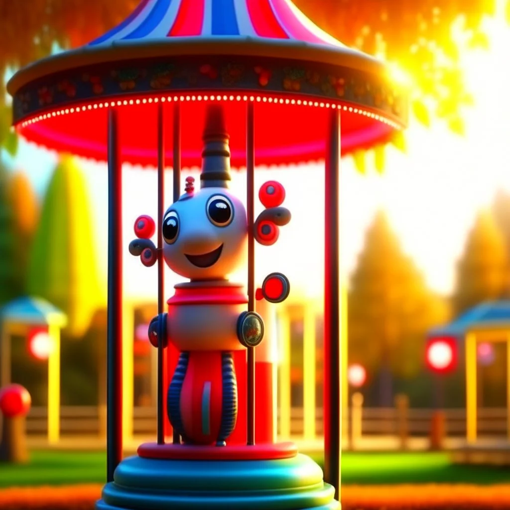 the cute adorable bot with long face, on a carousel through the seasons, hills and trees, motion blur, 8k, downlight, soft light, depth of field, photorealism, trending on art station, lotsa detail