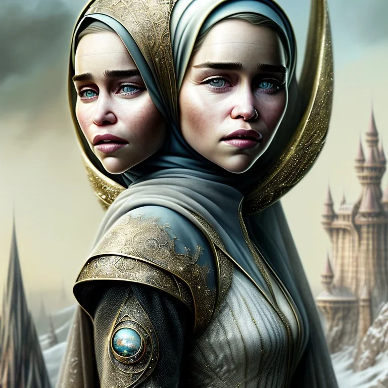 close up portrait of emilia clarke as woman in hijab, fine detail, highly intricate, modern surrealism painting, defined cracks and breaks, high-quality, volumetric lighting, 8k, ultrahd, George Grie, Marco Escobedo, Igor Morski,Brian Froud, Howard Lyon, Selina French,