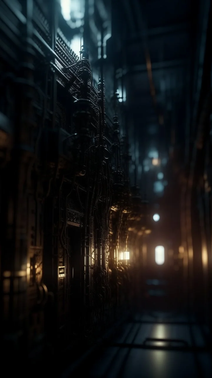 Si-Fi, The permanent under atmospheric lighting effects, intricate industrial details, moody atmosphere, eerie grimdark ambiance, complex motherboard accents, speculative fiction art. Bokeh