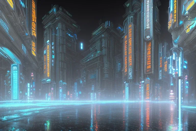 atmospheric, night, city, dark, rain, high level of detail, high definition, blue neon, futuristic, blender 3d