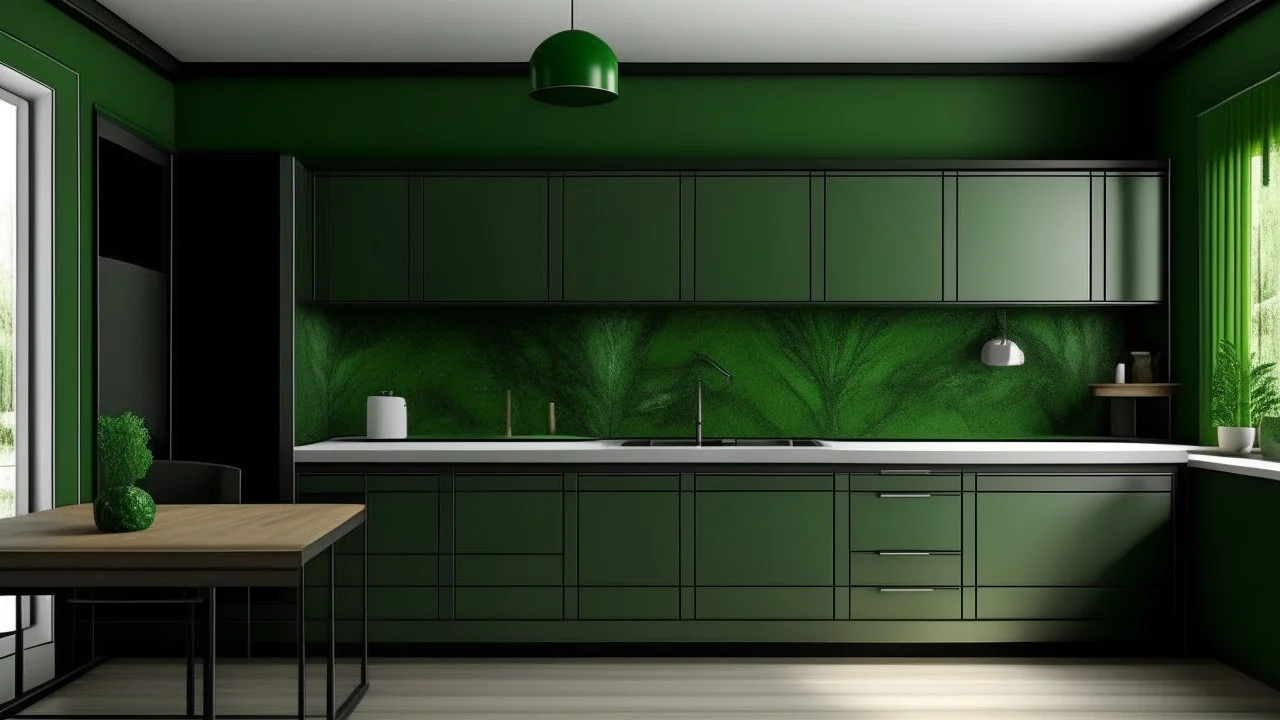 kitchen with dark green furniture, forest wallpaper on a white wall, very realistic