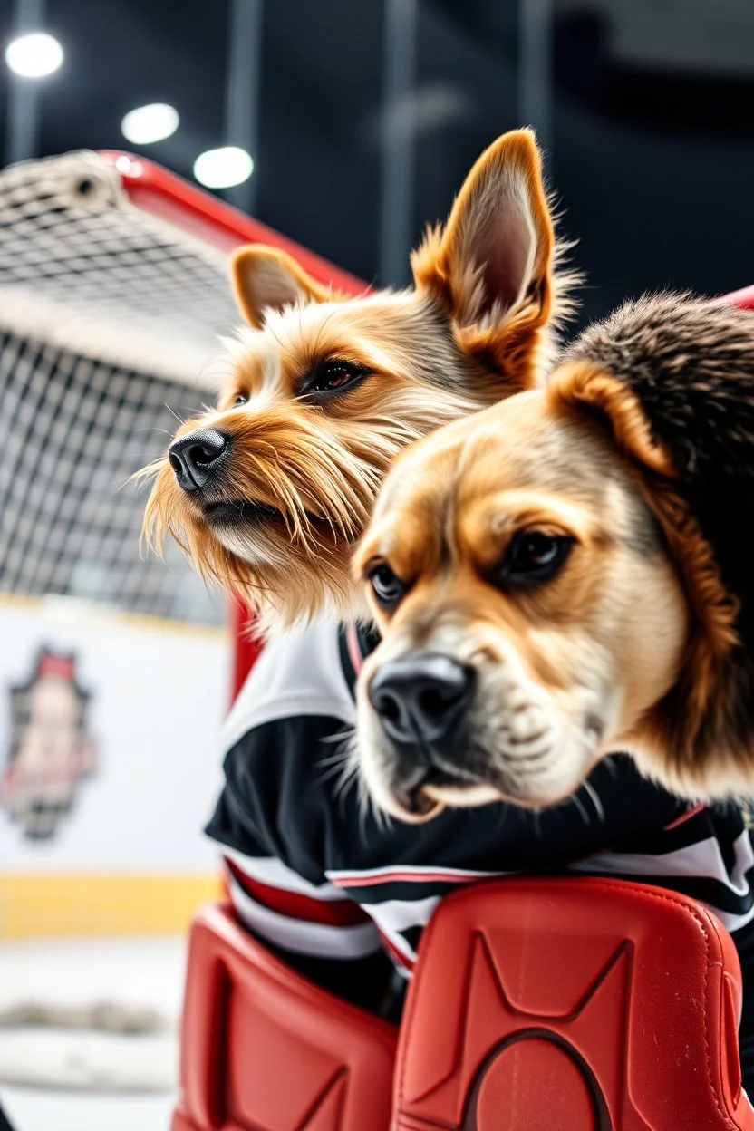 sideview of a yorkton terriers hockey goalie in front of goal, with the head of an angry tarrier dog