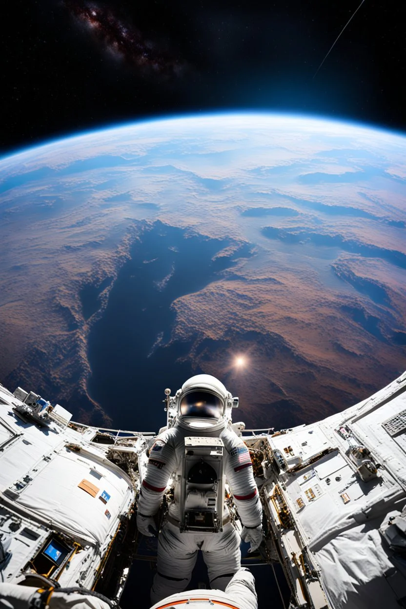 An astraunot looking towards the horizon, view from back of astronaut