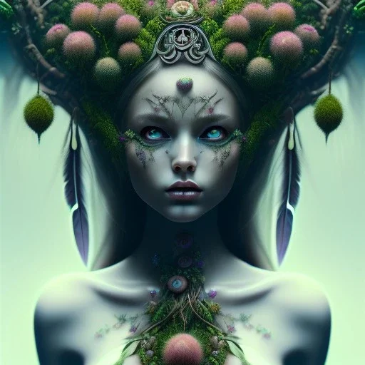 Portrait of beautiful girl, plant, metal, feathers, Dryad, fae, sidhe, ominous, nature, plants, wildflower, facepaint, dnd character portrait, intricate, oil on canvas, masterpiece, expert, insanely detailed, 4k resolution, retroanime style, cute big circular reflective eyes, cinematic smooth, intricate detail , soft smooth lighting, soft pastel colors, painted Renaissance style,bokeh, 800mm lens