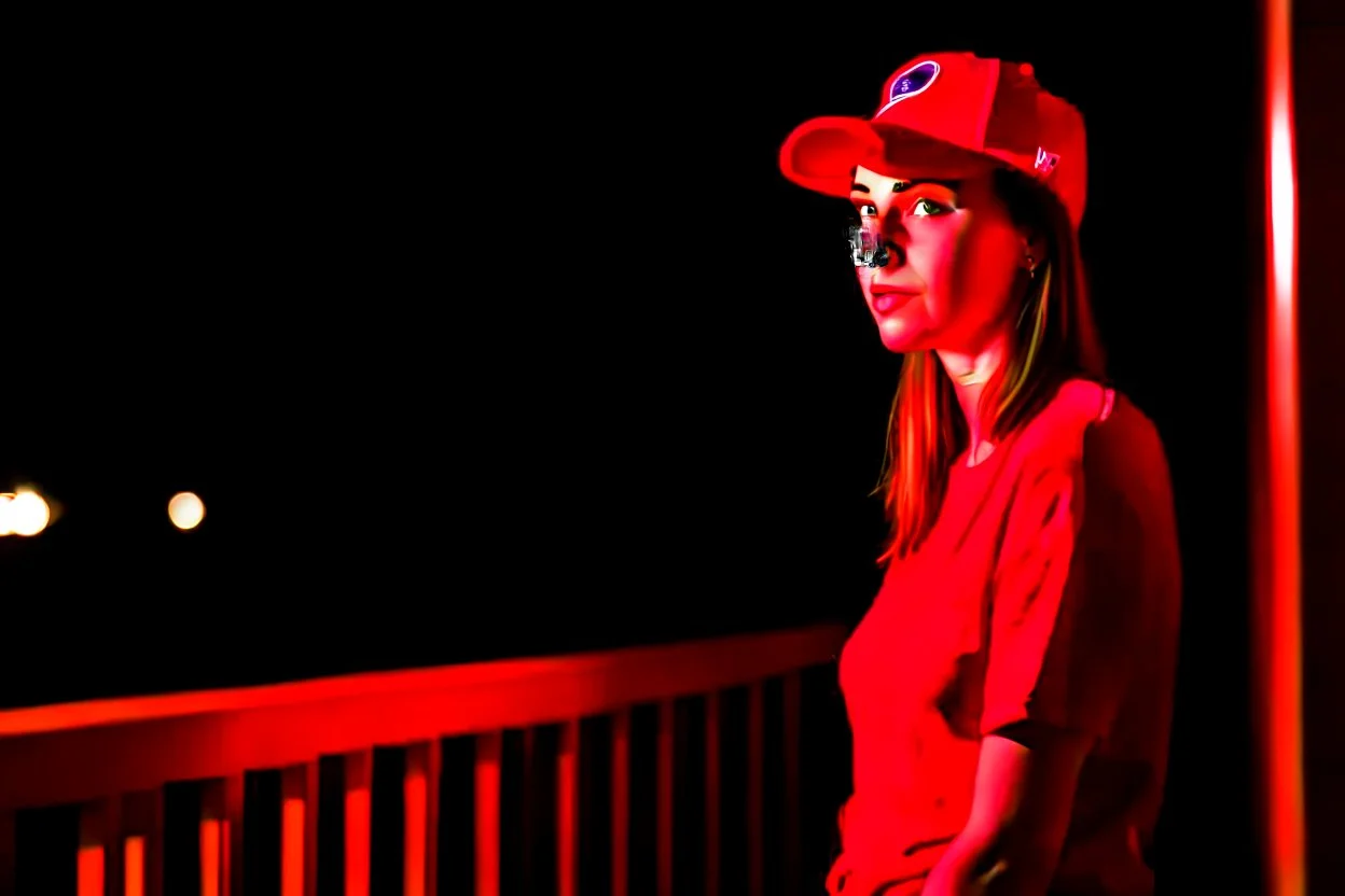 woman with a red baseball hat. leaning on a wooden balcony.night time. studio lightining.