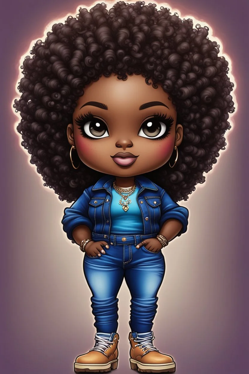 vibrant psychedelic pop punk image, airbrush, 48k, cartoon art image of a plus size chibi dark skinned Black female wearing a sapphire blue jean outfit with timberland boots. Prominent make up with brown eyes and lush lashes. Highly detailed tight curly ombre afro