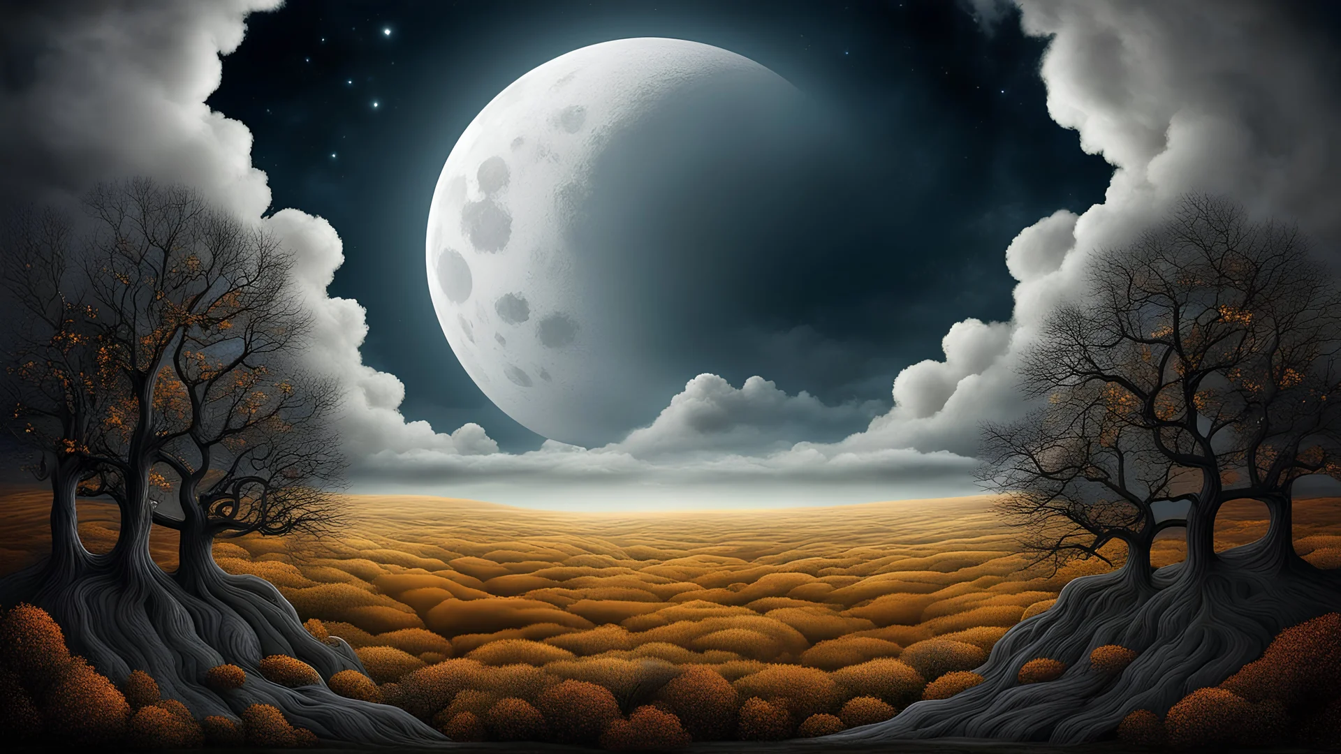 Andy Kehoe, room with a view, white clouds, moon, swirling shapes. Fantasy Realism, mesmerizing, HDR, highly detailed photorealistic 3d digital art, hyper detailed, trending on artstation, sf, intricate artwork masterpiece, ominous, matte painting movie poster