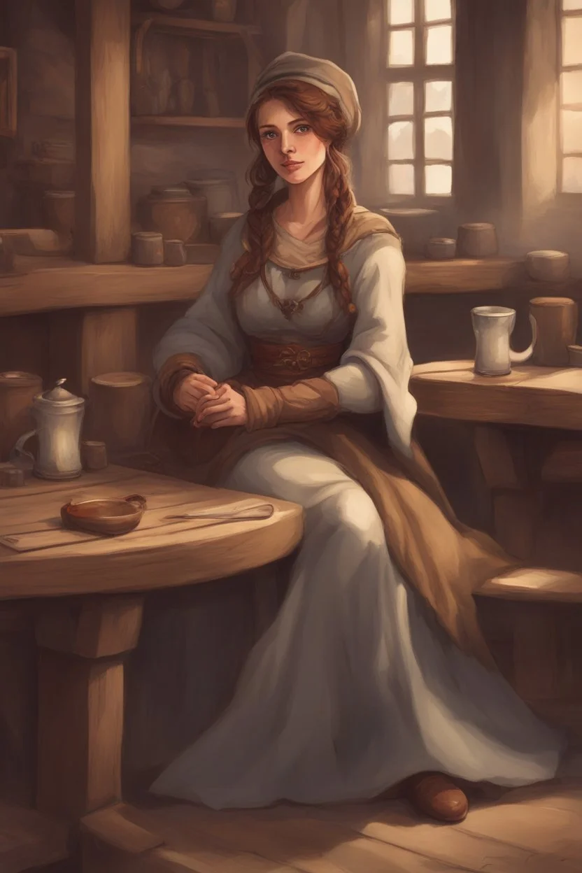 DnD style, medieval beautiful woman dressed in warm winter clothes sitting in a tavern