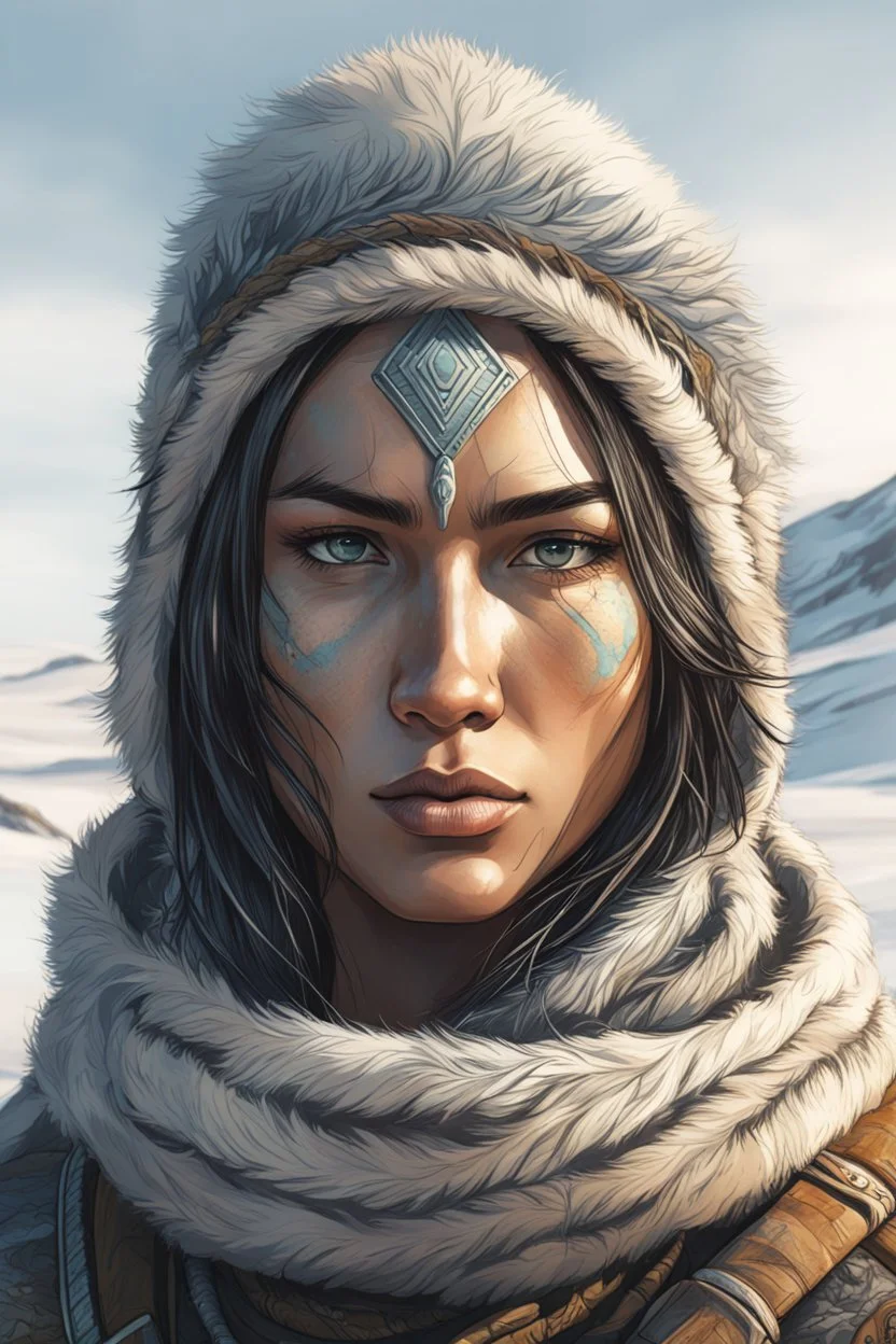 create a sketchy hand drawn young, otherworldly lost Siberian nomadic female huntress concept art character, with highly detailed, sharply lined and deeply weathered facial features in a desolate tundra steppe landscape , in natural winter tundra colors, 4k