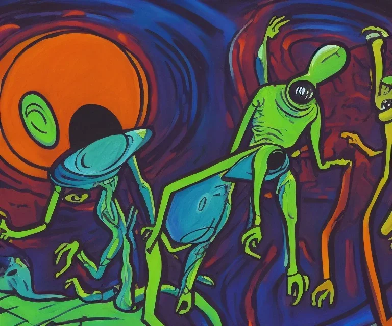 a neo-expressionist portrait of aliens invade the earth in giant spaceships