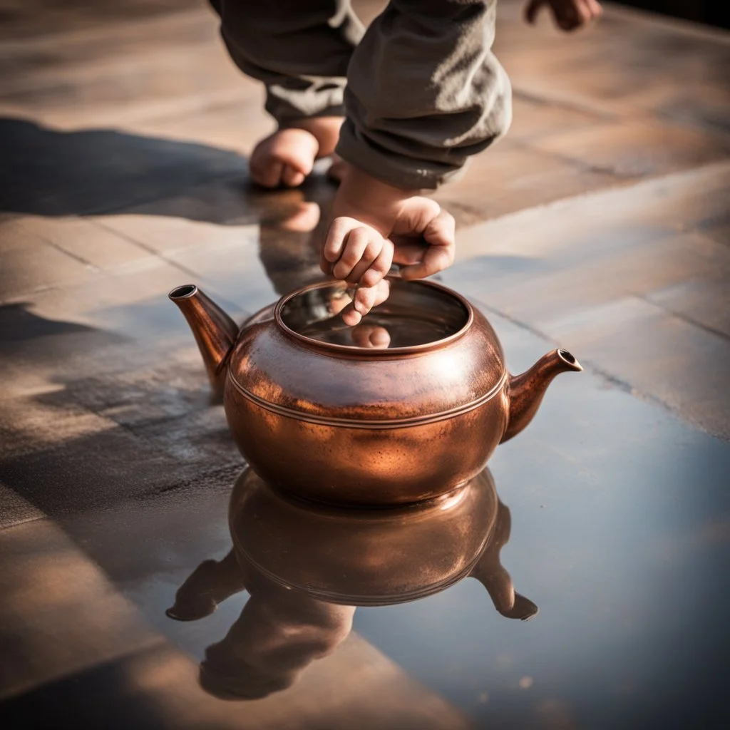 The reflection of a child on the surface of an old copper teapot