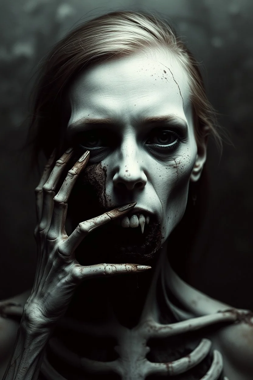 surreal abstract fade human portrait with pale skine with bones, lack black eyes, Darkness is sometimes, it is the moment of realization. The shadows rising from the depths are terrifying; they are the offspring of our minds, surreal abstract things andt shapes, . darkness looking me, and eating face, body, close up the crepy stunning portrait, shadows, evil darkness, surreal, thiller vibe, background vortex, abyss,crepy vibe, dinner of darknes, ntricate details, cinematic