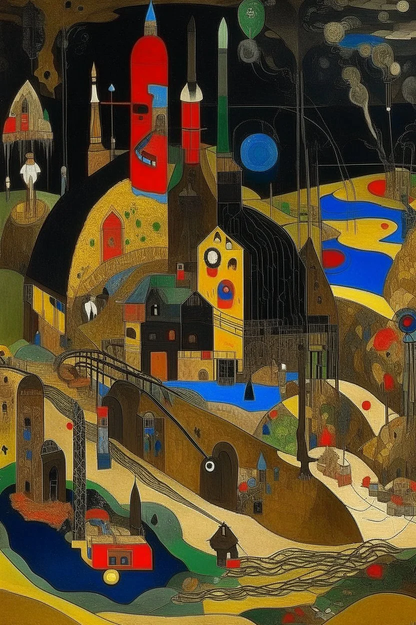 A brownish black underground mine with a bomb factory designed in Scandinavian folk art painted by Wassily Kandinsky