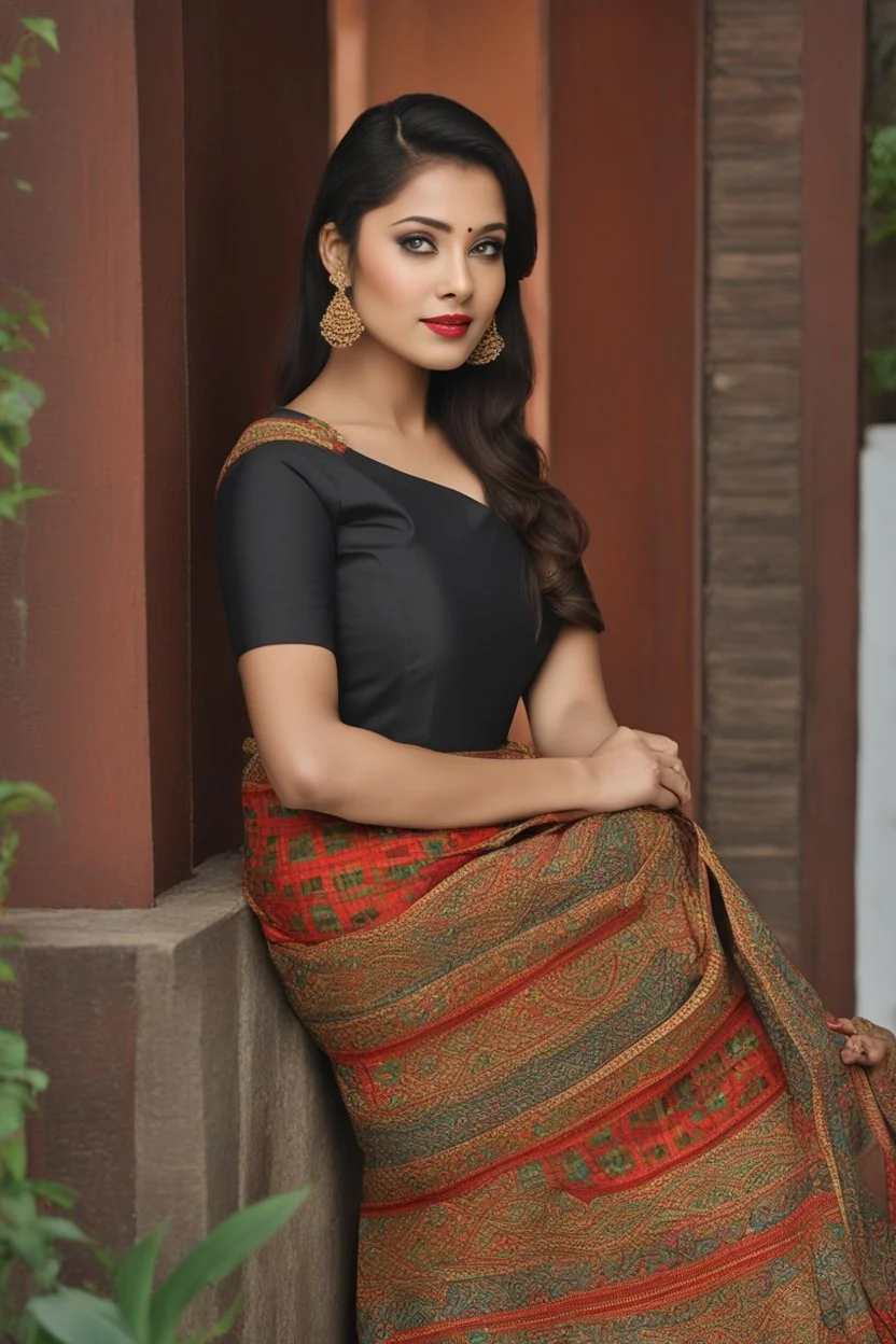 Aesthetic, 3D, Digitized, Hyper realistic, Surreal, Mesmeric, "Assamese Ethnic Tribal / Traditional Woven Women Attire" & Textile (Handloom) Industry themed Mekhela Chador (The bottom half of this distinct dress is called the 'Mekhela ', a round fit used waist downwards over a petticoat) designs, **Featured Designs:** The CEO - A high-powered executive sporting one-of-a-kind Assamese designs tailored for the global business elite. **Appearance:** Fictional female models endorsing; franchising; r