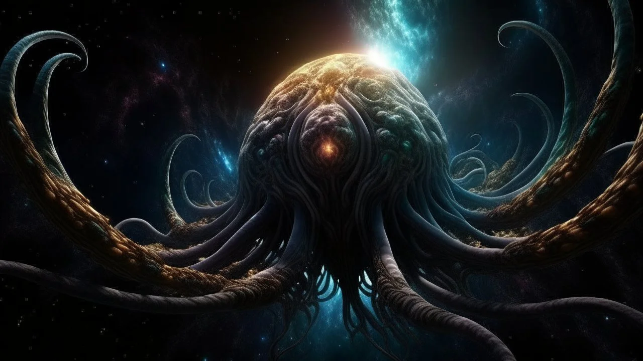 photorealistic Lovecraft Shub-Niggurath opalescent space gigantic monster, interstellar galactic particles stream event horizon, entering a quantum wormhole with great exoplanet crashing, blackhole