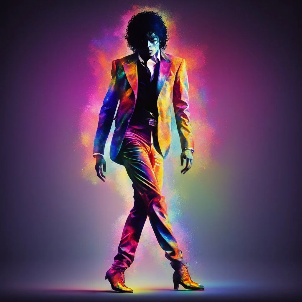 psychedelic colorful silhouette of Michael Jackson on toes, dramatic, kinetic, stardust