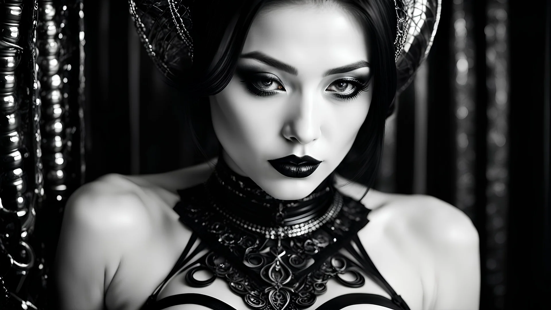 detailed portrait of pretty female, latex lingerii, feminine, gothic portrait, absolute reality, black white, pale chest, noir, beautiful features, pretty face, pretty pose, vivid colors, visible chest, Aya Takano, Royo, Giger, dreaming vibe, tornadic, mysterious, Shot on a Hasselblad medium format camera with a 100mm lens. Unmistakable to a photograph. Cinematic lighting. Photographed by Tim Walker, –ar 4:5 –s 750 –niji 5 –v 5 –q2 -Shader’s --Post Processing --Post-Production --Cell Shading --T