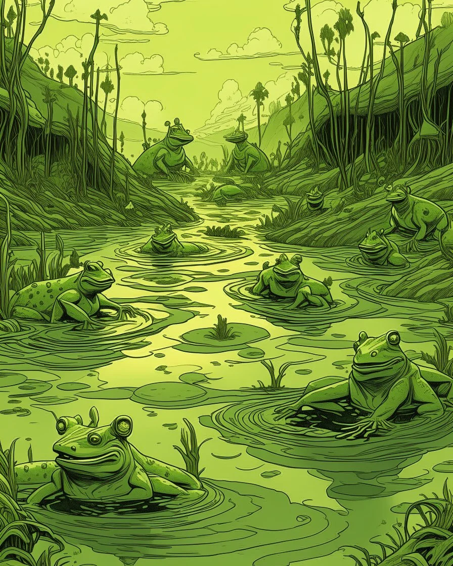 A light yellowish dark green swamp with bugs in daylight painted 3 people’s heads of humans coming out of the water with frogs