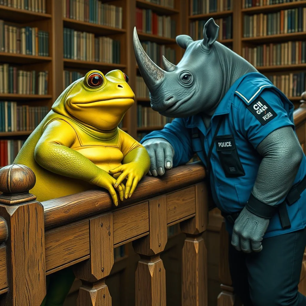 close up photo from a big and fat yellow-green anthropomorphic frog hybrid leaning on an old wooden banister in simple human clothes talking with a strong anthropomorphic rhinoceros without horns in blue modern security guard clothes, they talking and elbowing on an old wooden railing, in background a bibliothek with tall book shelves, detailed sci-fi, fantasy mood