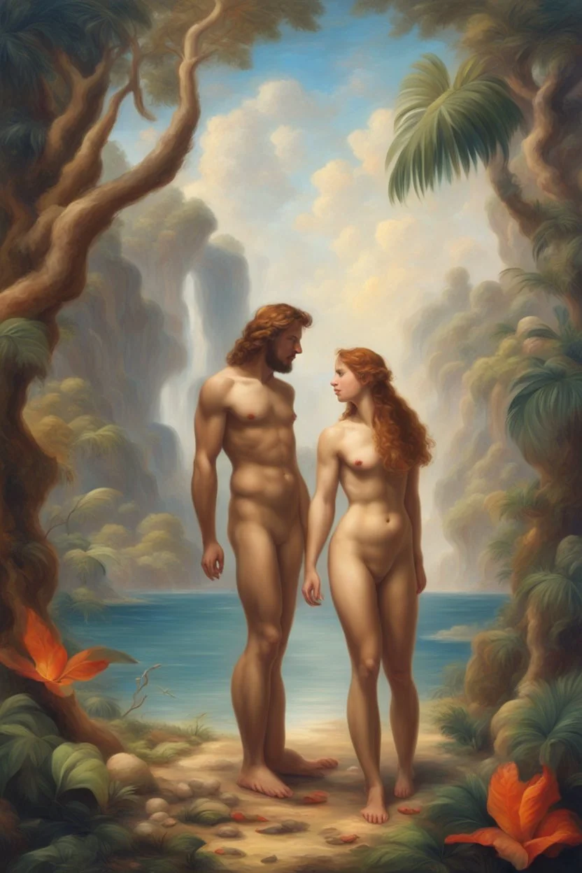 Adam and Eve in a very beautiful paradise, in the style of oil painting