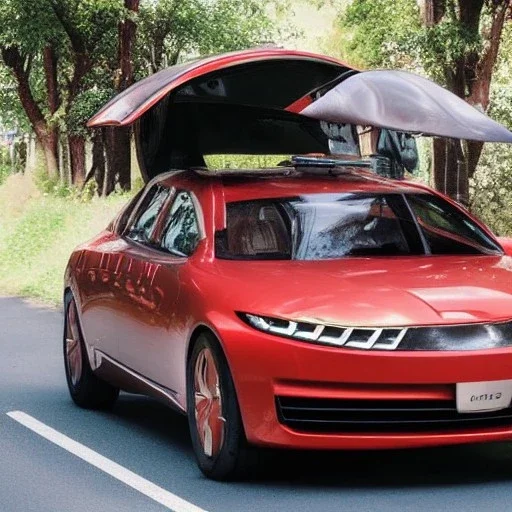 car with face, with feet in place of wheels and with a hat