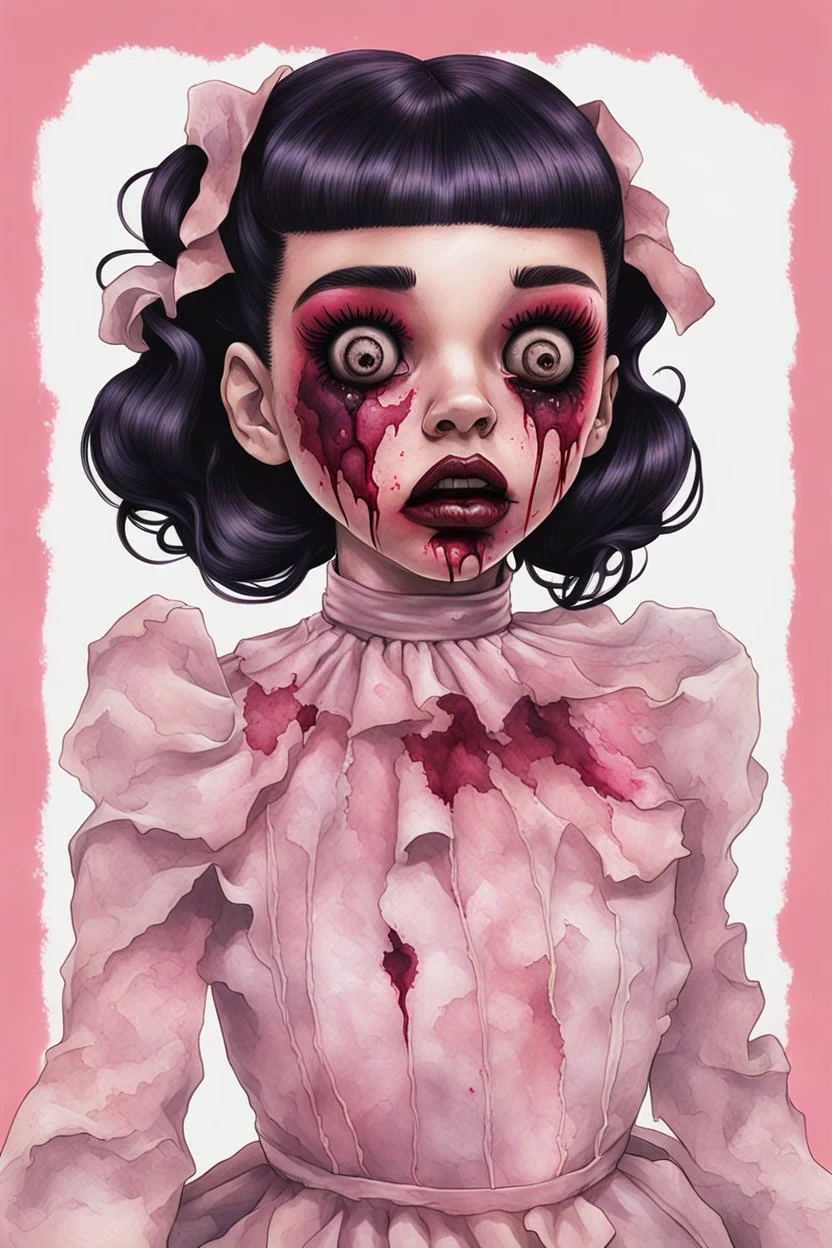 full color, illustration of a darkred and pink tones, menacing, Singer Melanie Martinez face, as a decayed, broken, skin turned translucent, black veins that extended like roots beneath her skin, latex suit, crude homemade cloth doll toy, with a narrow cracked porcelain face, thick dark eyebrows, hair in two gradually, made from ragged strips of cloth, in the style of Alex Pardee, Tim Burton, and Nadya Sheremet