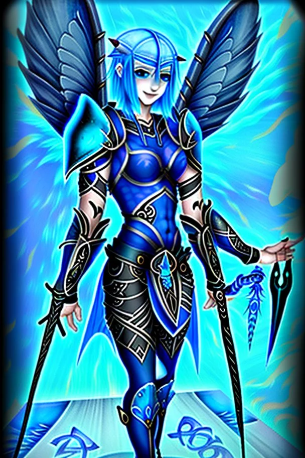 a person in runic armor with blue wings, blue short hair, runic tattoo and spell book