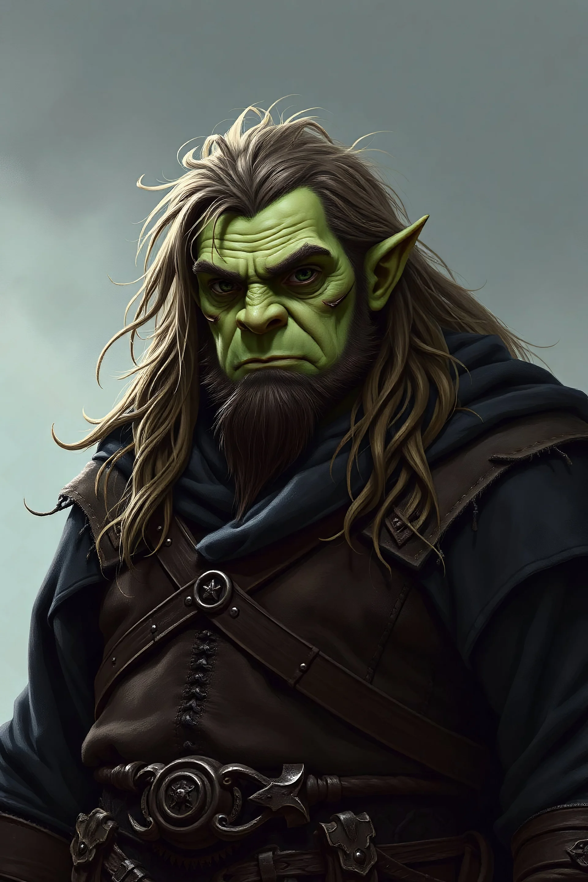 Rotund, pale light green orc warlock, long light brown tousled hair, no beard, dark robes over tanned leather armor, heavily pierced