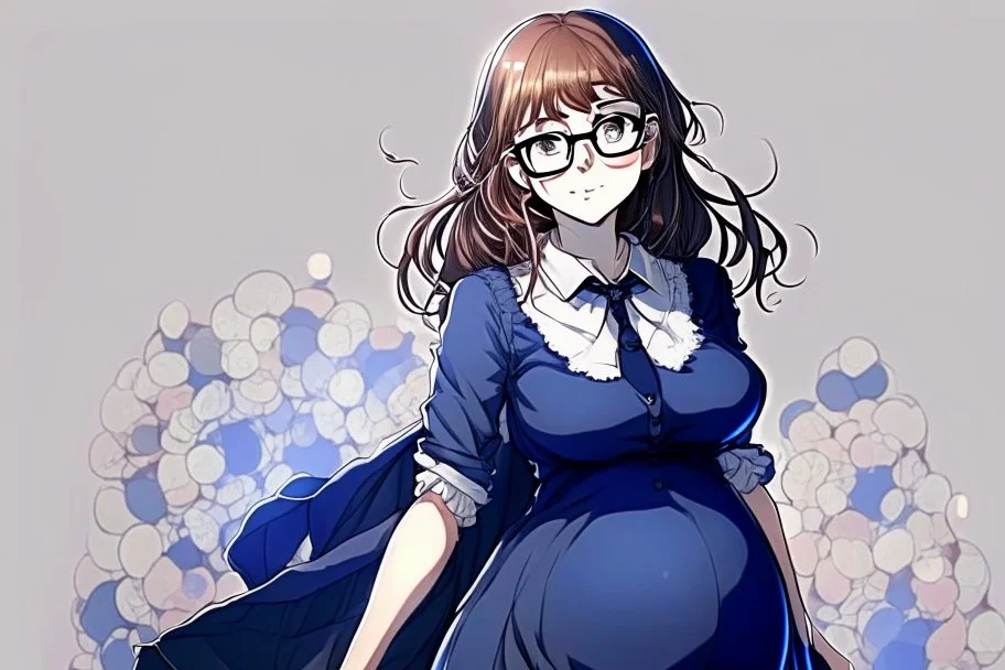 full body of a brown haired anime manga pregnant girl in dark blue dress with eyeglasses