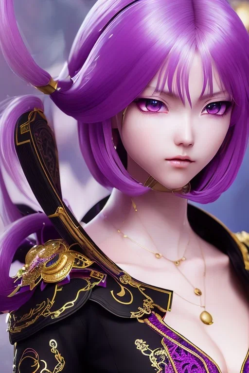 Detailed cute anime Kunoichi girl, purple hair buns, purple bangs, black latex bodysuit, intricate details, full body portrait, keep head in frame, slight smile, black Japanese motif, concept art, highly detailed, digital painting, concept art, sharp focus, illustration, art by Yoji Shinkawa, WLOP and greg rutkowski and alphonse mucha and artgerm and yanjun Chen and Junji ito and Makoto Shinkai, HDR, octane render