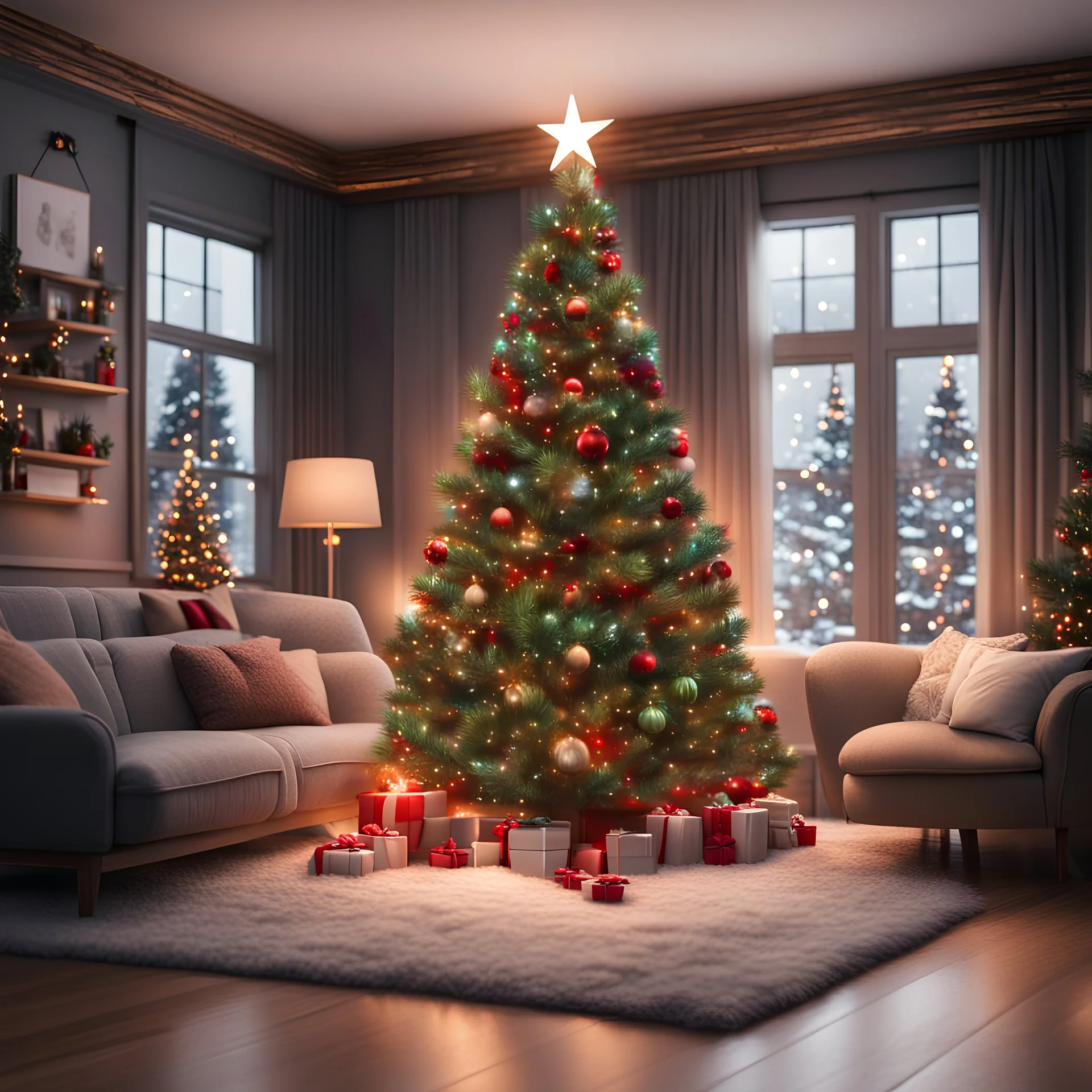 Hyper Realistic chirstmas tree in a cozy lounge at day