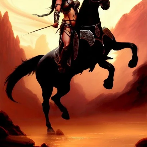 ultra detailed portrait of beautiful Dejah Thoris Riding a Black Horse and wearing a bikini plate armor, extremely detailed digital painting, in the style of Ken Kelly and A.J. Manzanedo and FRANK FRAZETTA and Earl Norem and fenghua zhong and ruan jia and jeremy lipking and peter mohrbacher, mystical colors, rim light, beautiful lighting, 8 k, stunning scene, raytracing