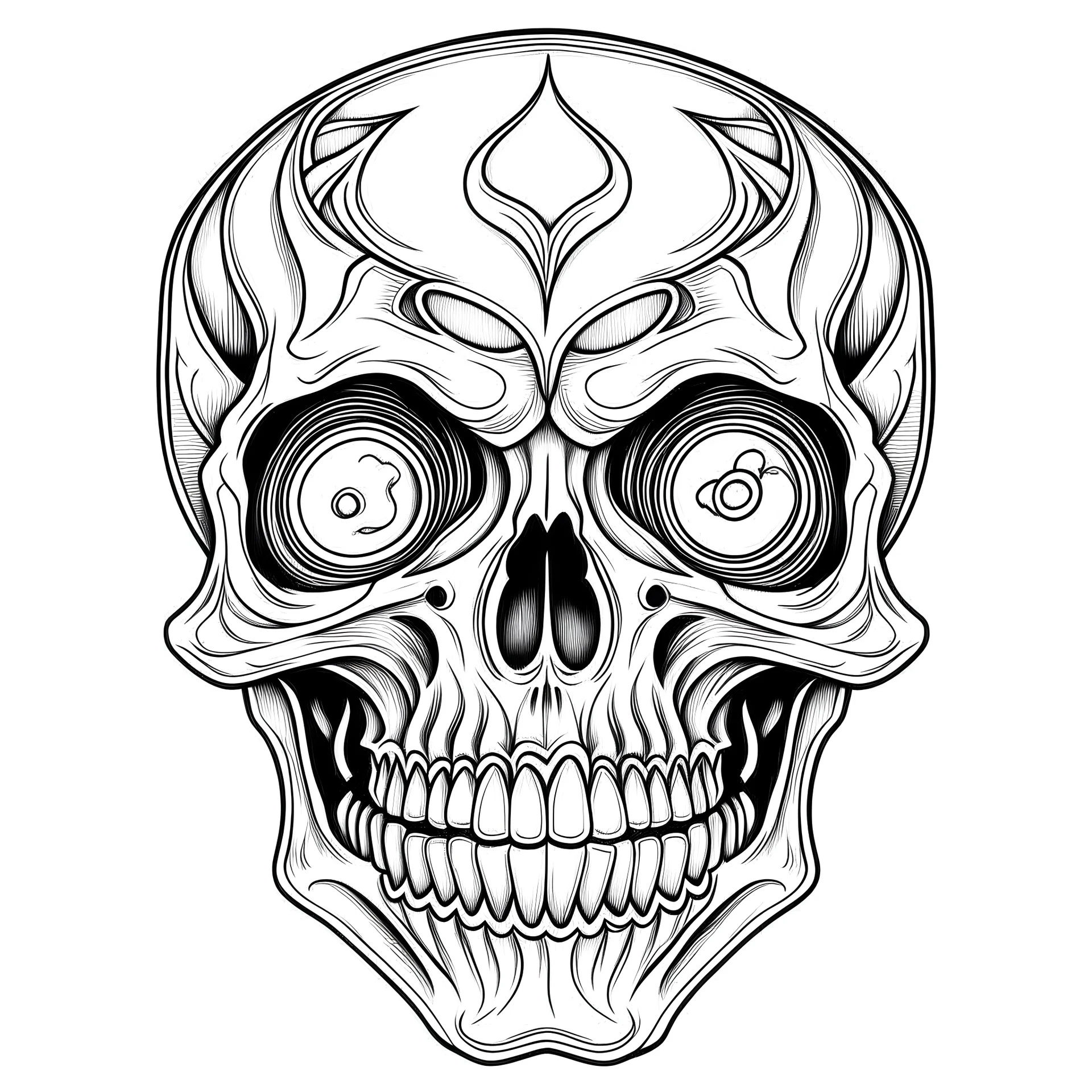 outline art for square scary skull tattoo coloring page for kids, classic manga style, anime style, realistic modern cartoon style, white background, sketch style, only use outline, clean line art, no shadows, clear and well outlined