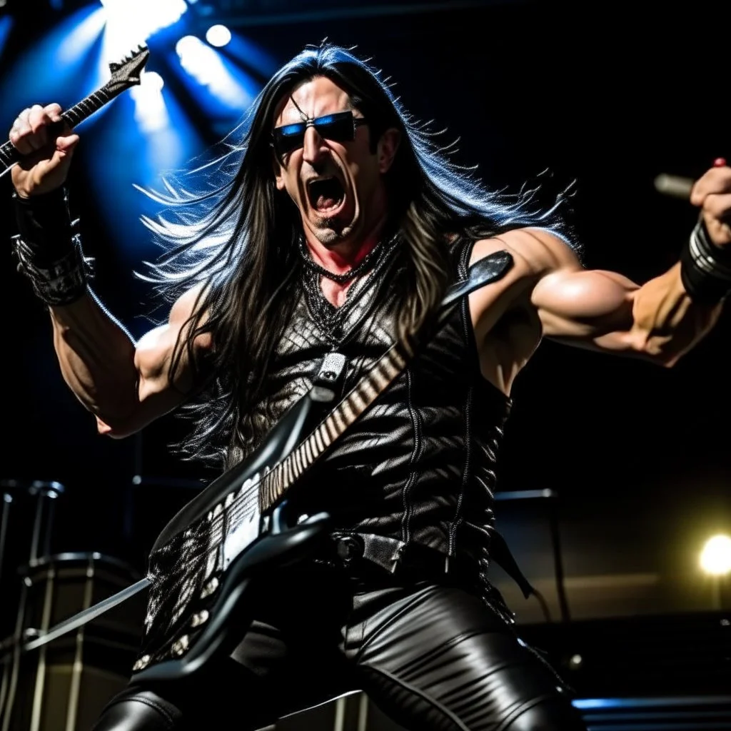 A handsome muscular heavy metal guitarist with long black hair, wearing a sleeveless leather suit in pattern of British Flag, sunglasses, screaming on stage, playing guitar, billowing hair | professional concert photography, spotlight, intricately detailed, cinematic, hyperrealisti