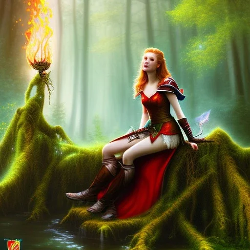 romantic fantasy spray painting, portrait of cute smiling green eyed red head robed elven princess bride ,sitting on a branch, loosing torch in magical forest by waterfall