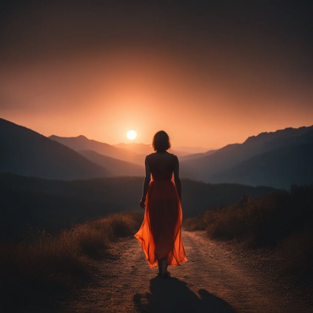 dark night, watching a woman from behind wearing a sleeveless dress who is walking towards a beautiful orange sunrise in the distance, mountains and forests around, photo quality, dark orange glow