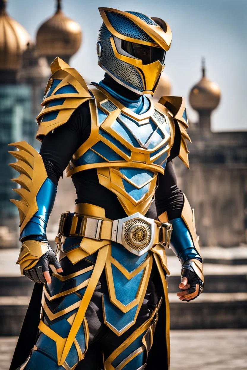 Power Ranger Full Body,Full biomechanical Armored helmet,Wearing Face Mask Iron Masculine Mysterious Powerful Fantasy High Quality clothes,islamic city background