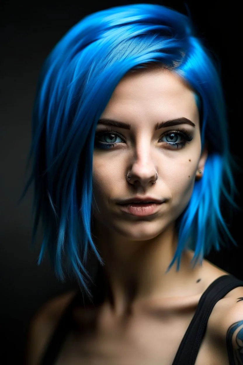 Blue hair, brown eye, woman, attractive, athletic build