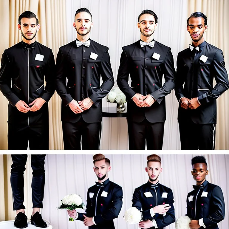 3 black waiters with different uniforms in luxury wedding hall