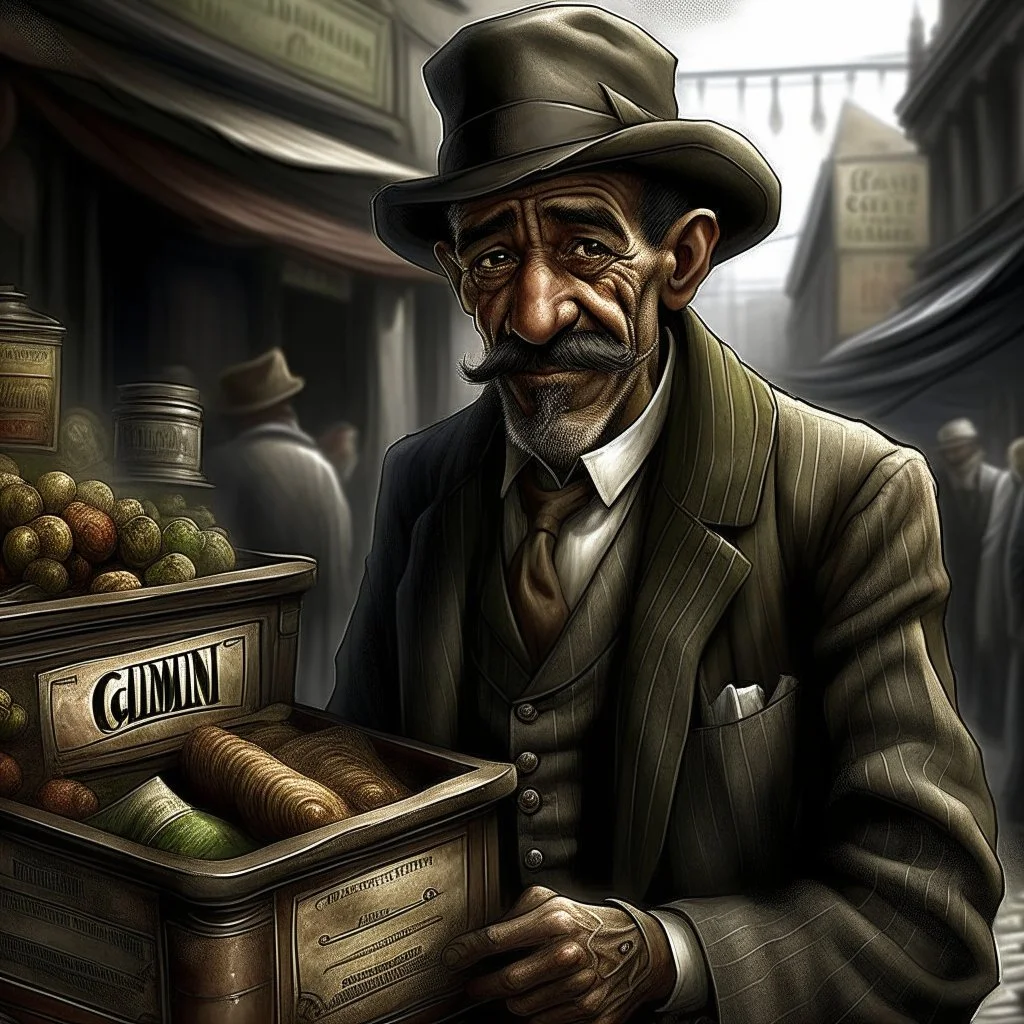 Cornelius "Crazy" Clyde the 1920s street merchant grimdark realistic