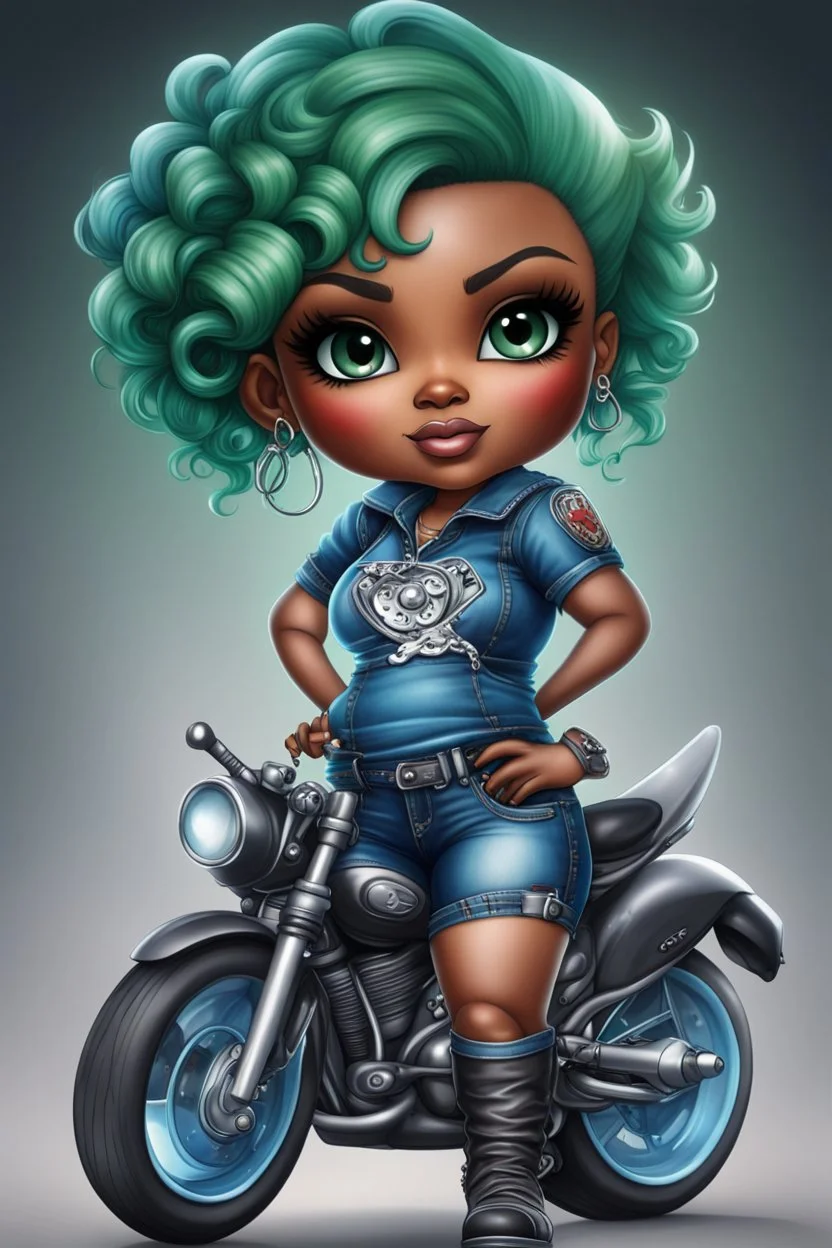 create an airbrush illustration of a chibi cartoon voluptuous black female wearing a blue jean outfit with biker boots. Prominent make up with hazel eyes. Extremely highly detail of a very low green pixie haircut. Background of a bike show.