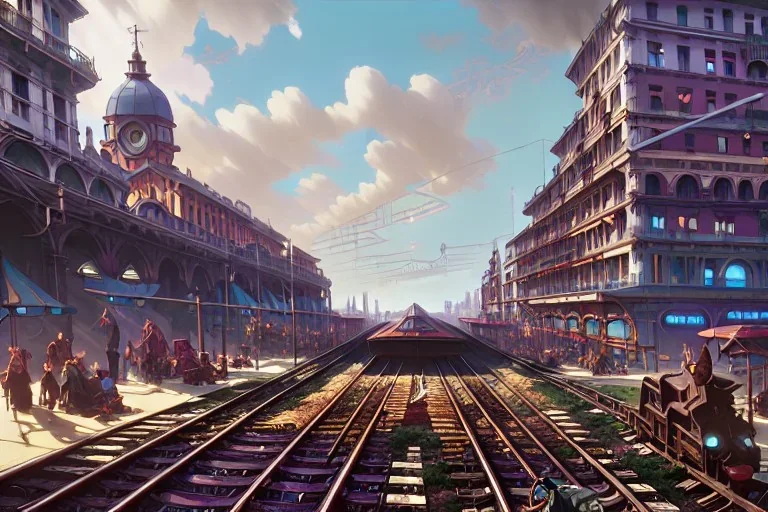 close up train+Elevated train+rome corner building+Italian colourful sea village +alphonse mucha, greg rutkowski,matte painting, cryengine, hyper detailed, felix kelly, fantasy art, seb mckinnon