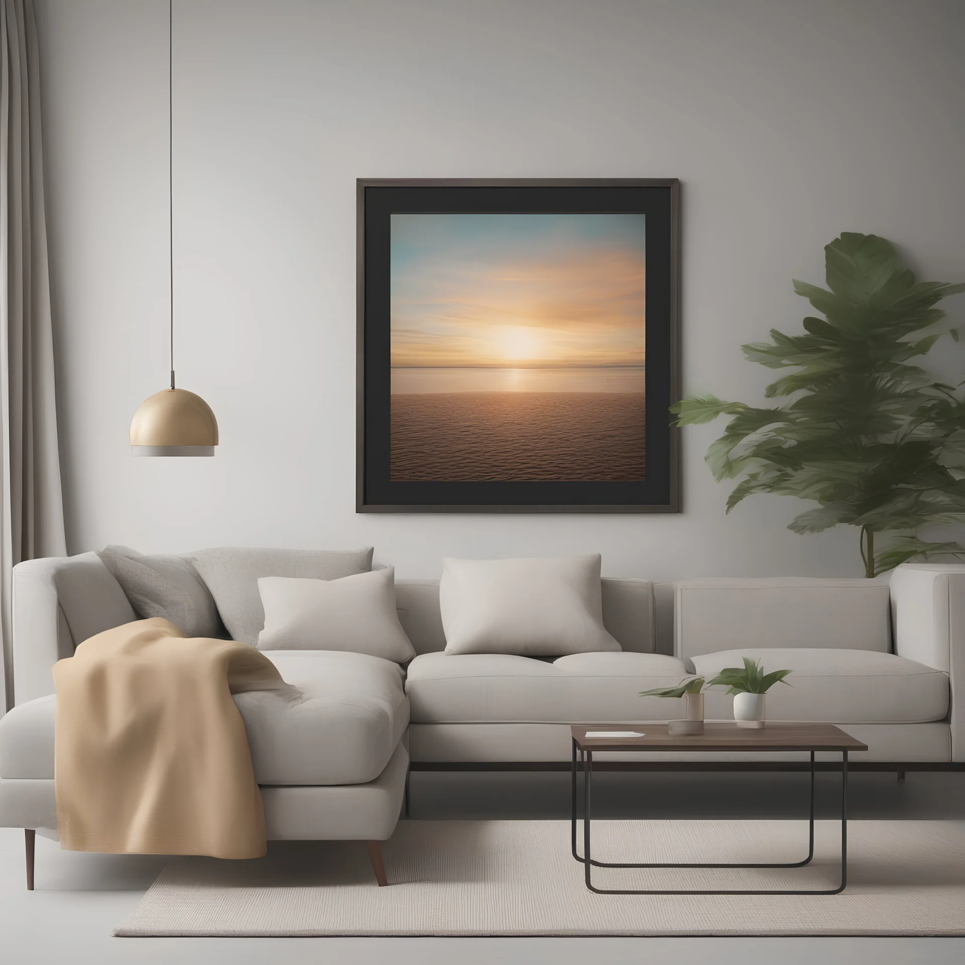 a super photorealistic photo of a one square frame on a home wall beside sofa