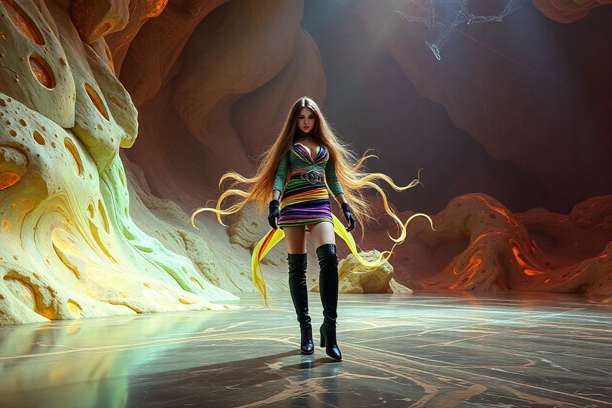 beautiful fuubody with long boots lady in sureal stage made of fractal random size sphers with helical strip colors in clothing similar to environment fullbody posing to camera