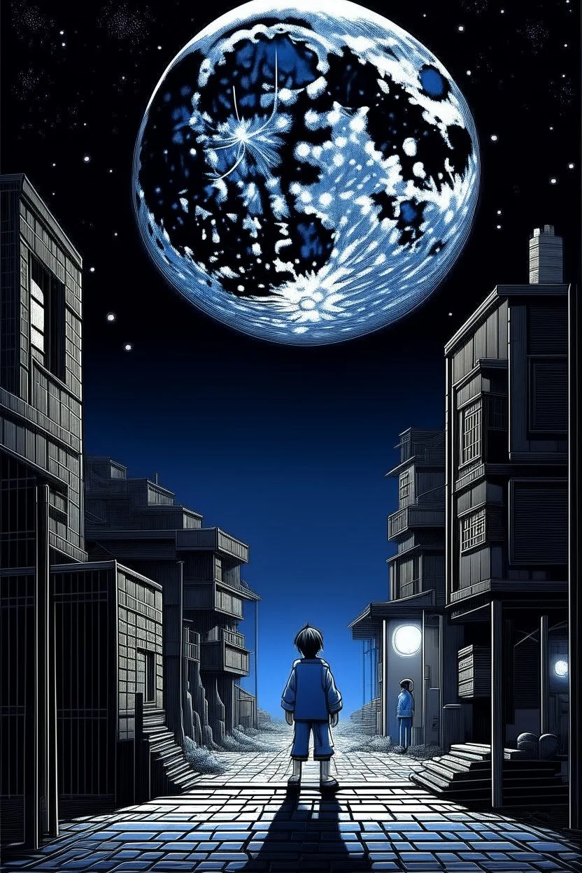 BUILDING THE MOON HIDDEN SHADOWY FIGURES LABIRINTHINE STREETS STYLE OF HIROKU OGAI