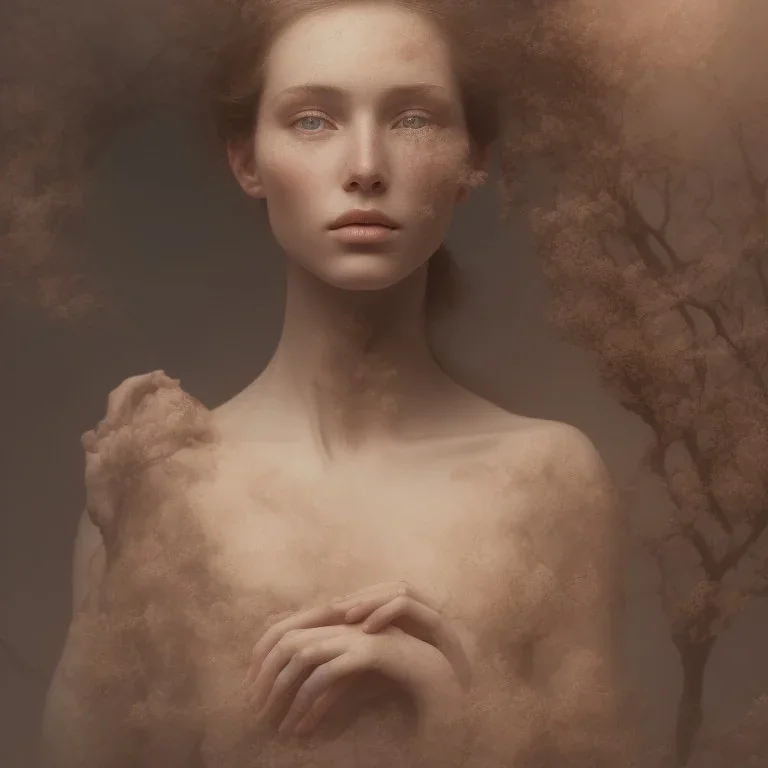 portrait photography of ethereal beauty, 8K, Portrait of a woman by Michelangelo, close-up face, anatomically perfect face, a sunny atmosphere, misty smoke, tree roots