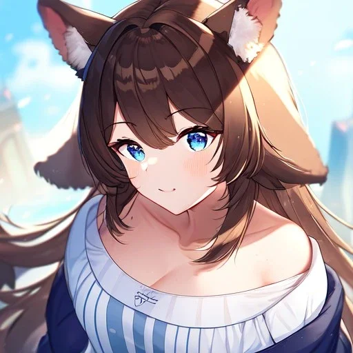 Clear focus, High resolution, Long fluffy brown hair, blue eyes, wearing a white skirt, detailed outfit, wearing a jacket oversized off shoulder, rough line, hair above ears, dog ears, off shoulder white shirt, chopped bangs